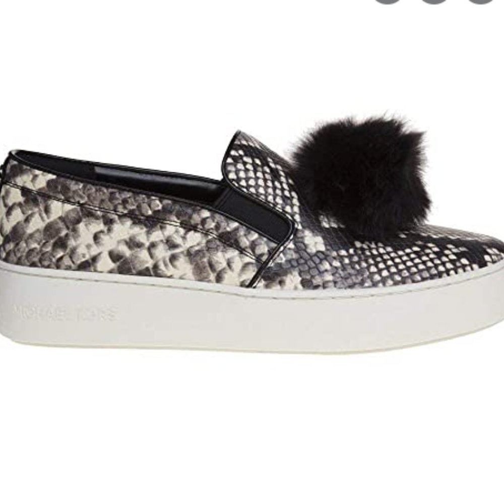 Michael Kors Trent Snake Print Rabbit Fur Pom Pom Slip-On Sneaker
